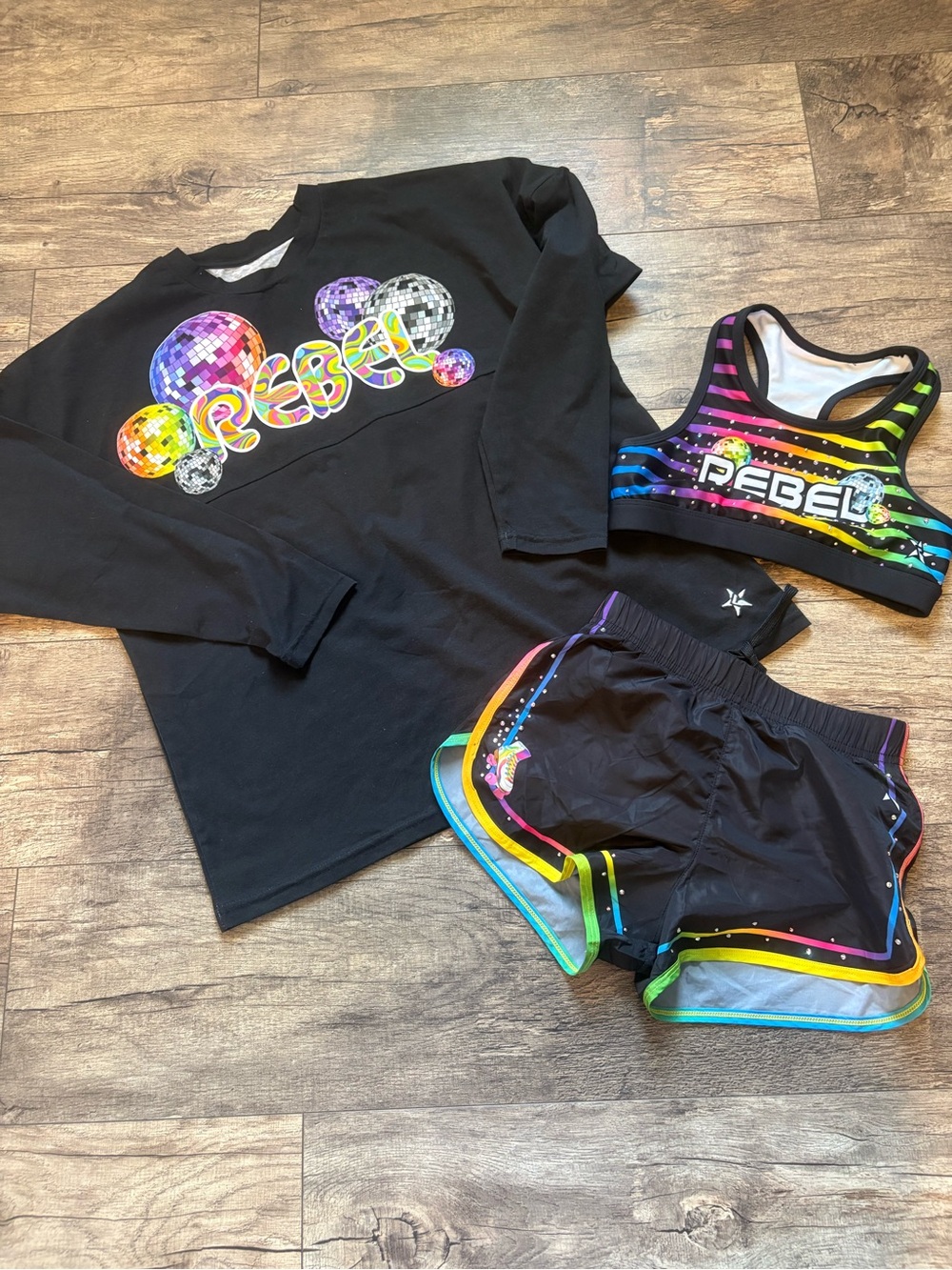 Rebel Kids Black Rainbow Matching Set — Top, Sports Bra & Shorts